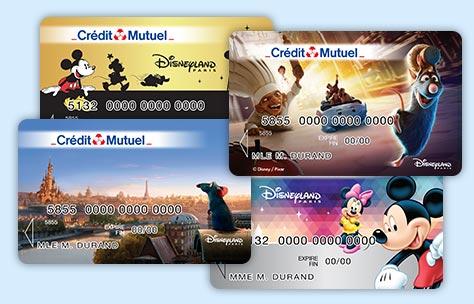 Visuels des cartes avantages et des cartes bancaires crédit mutuel Disney et Disneyland paris